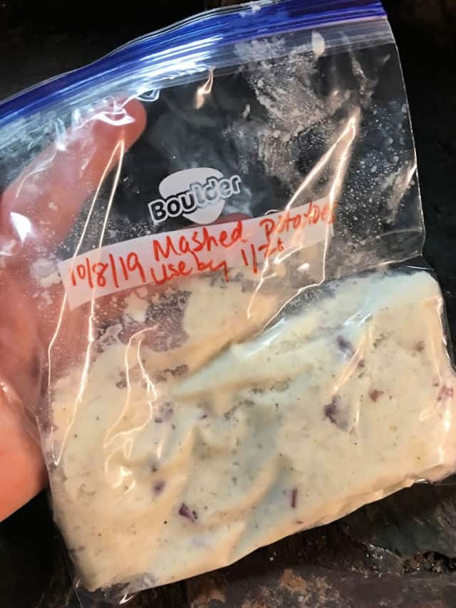 freezer bag labeled with mashed potatoes