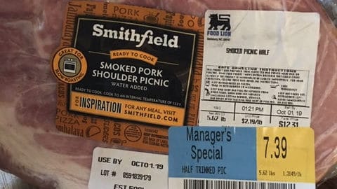 ham wrapped in store package with price sticker