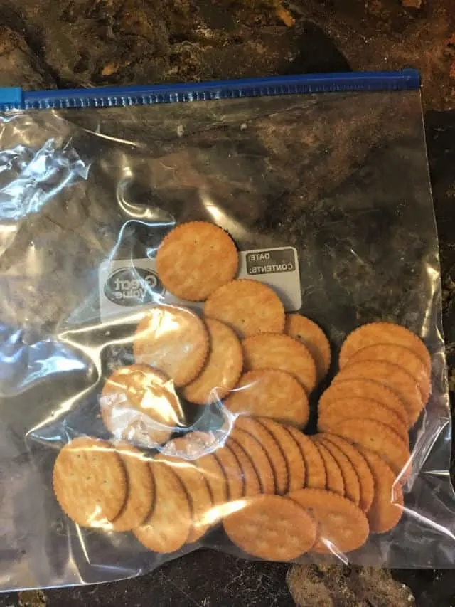 zip lock bag with ritz crackers in it
