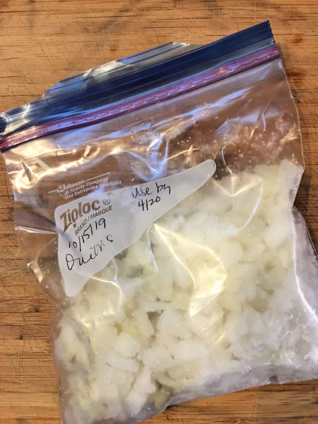 freezer bag labeled with frozen onions in it