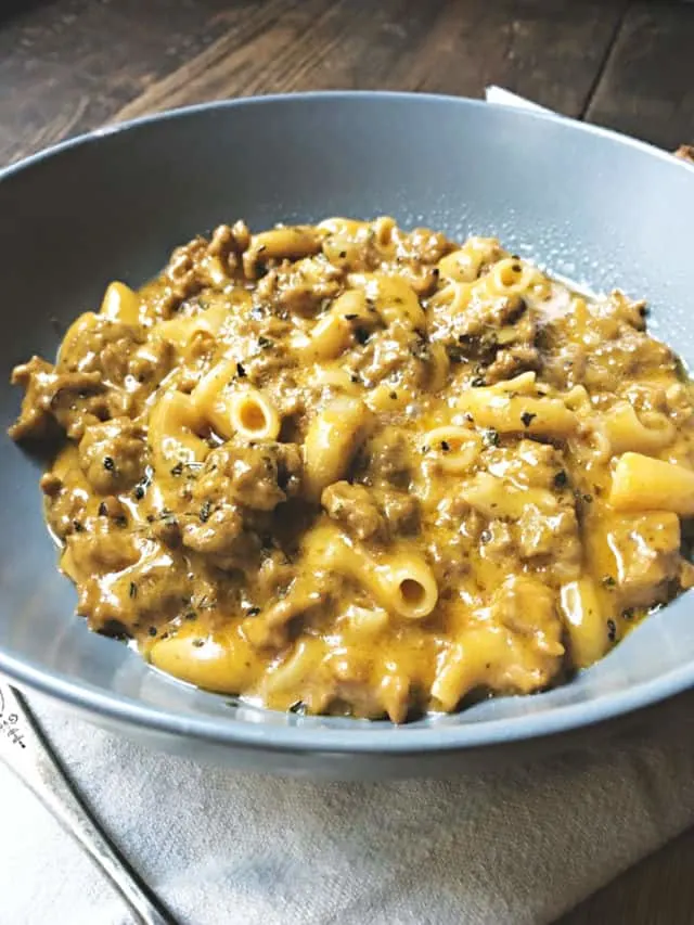 close up of hamburger helper in gray bowl
