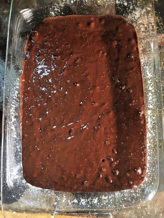 brownie mix in 9x13 glass baking dish.