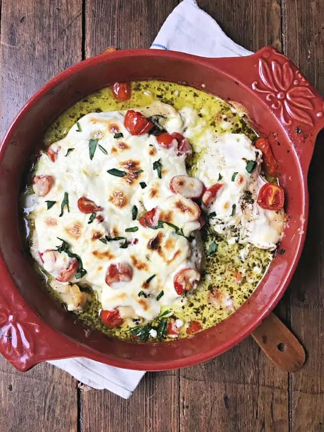 overhead shot of caprese chicken just out of oven