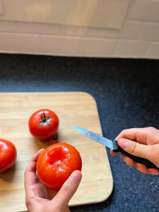 view of the inside of a cored tomato to check and see if the core is out