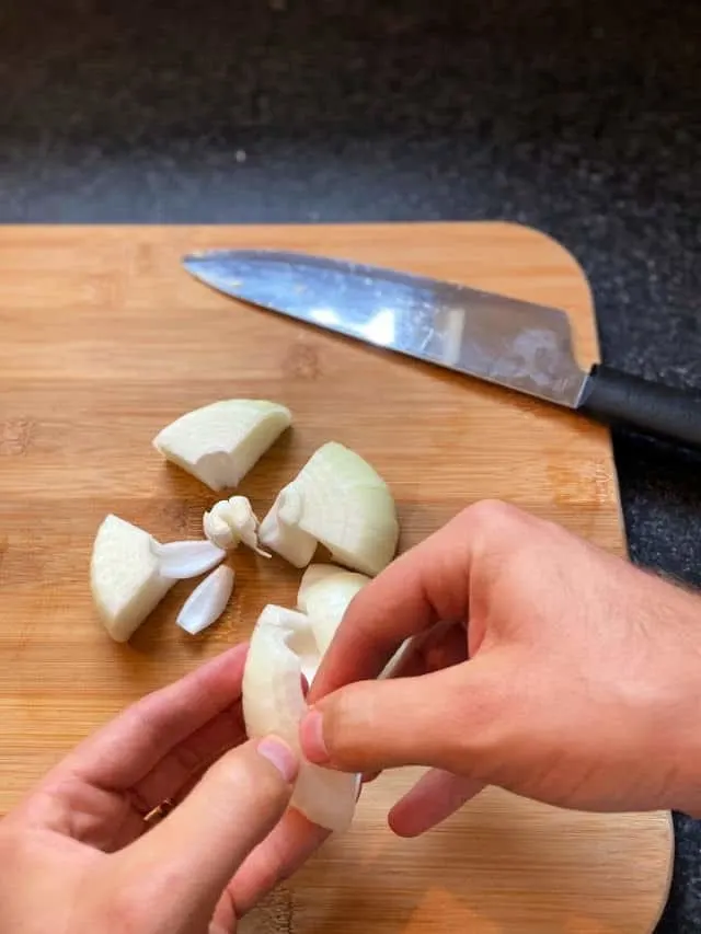 Peeling the layers into kabob slices