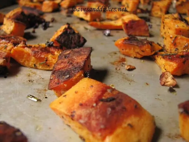 up close of roasted edges of sweet potato