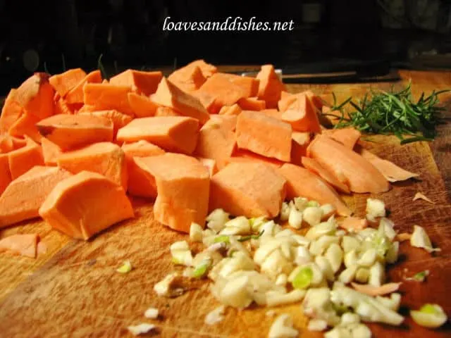Savory Roasted Sweet Potato ingredients on chopping board