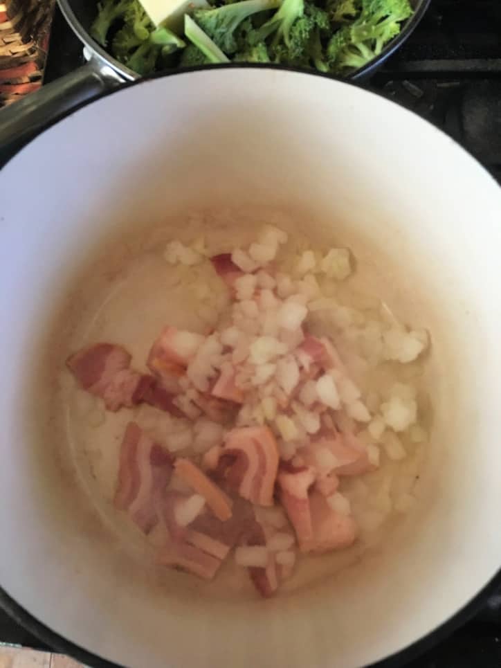 bacon and onions sauteing for southern fried cabbage