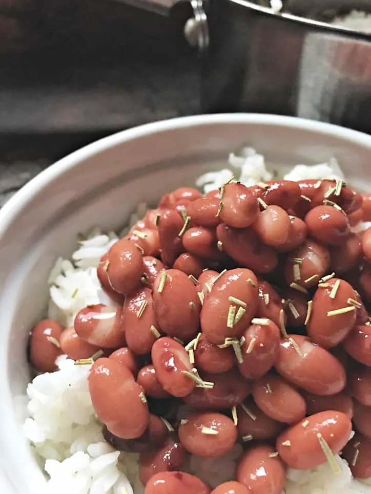 close up of red beans on rice