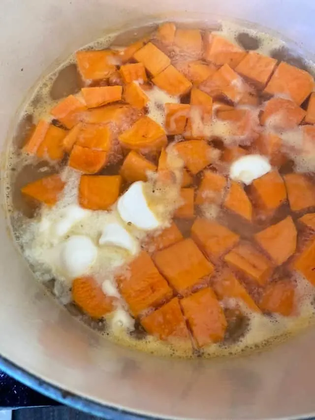 boiling chicken stock with sweet potato cubes