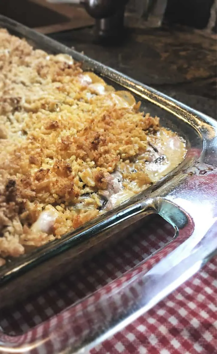View of the crusty top of this casserole with napkin