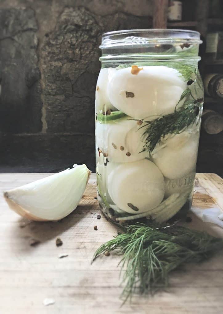 quart jar of spicy bar pickled eggs recipe with onion and dill
