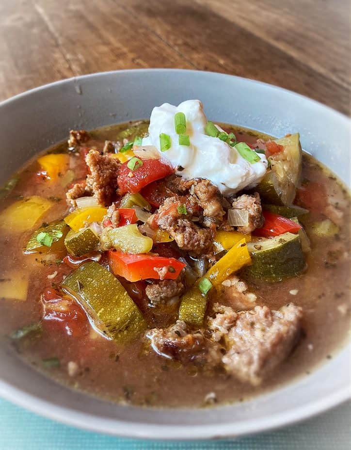 italian summer soup in gray bowl