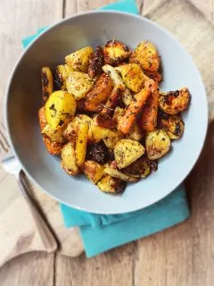 bowl of roasted baby carrots and potatoes