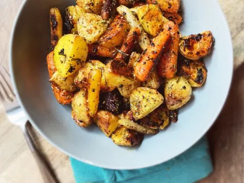 bowl of roasted baby carrots and potatoes