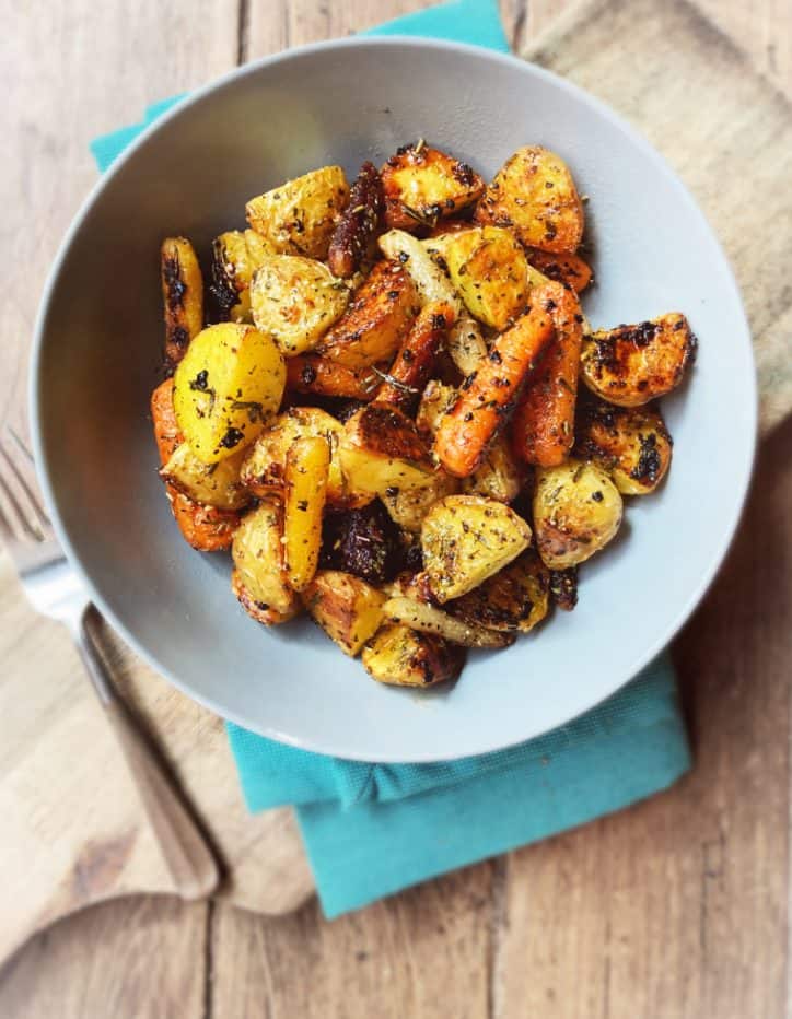 bowl of roasted baby carrots and potatoes