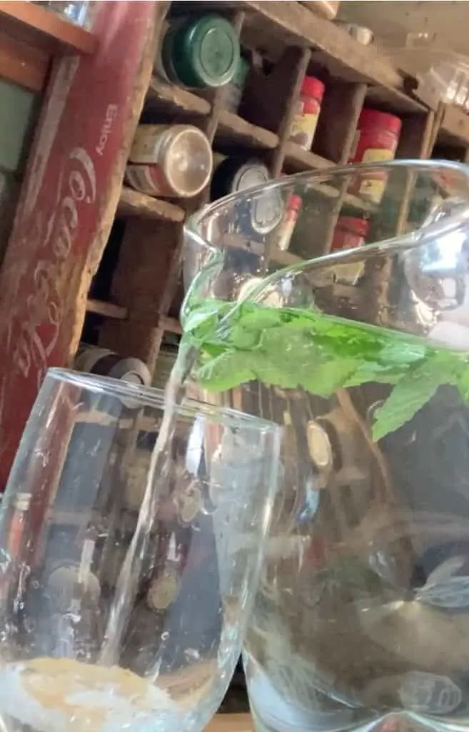 pour glass of mint water