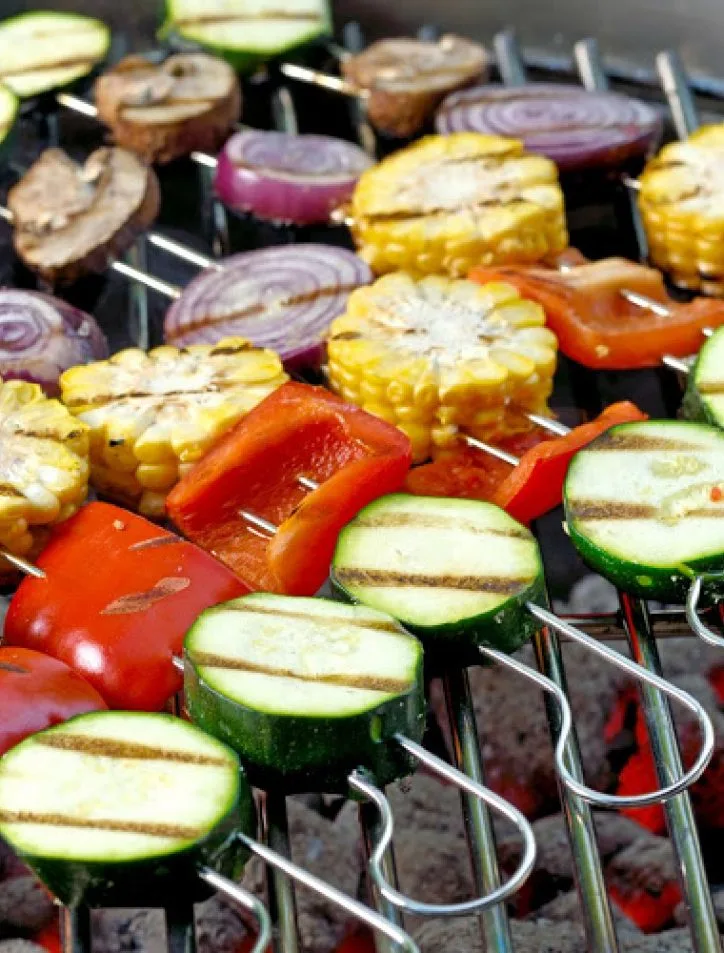 vegetables on kabobs on grill