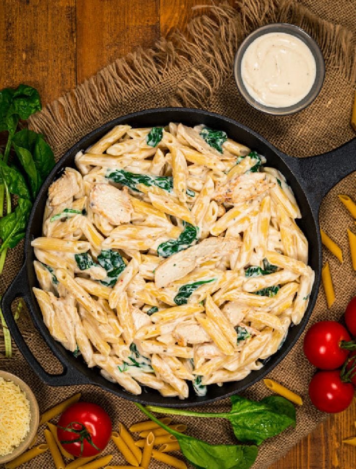 pan of pressure cooker chicken alfredo with jar sauce