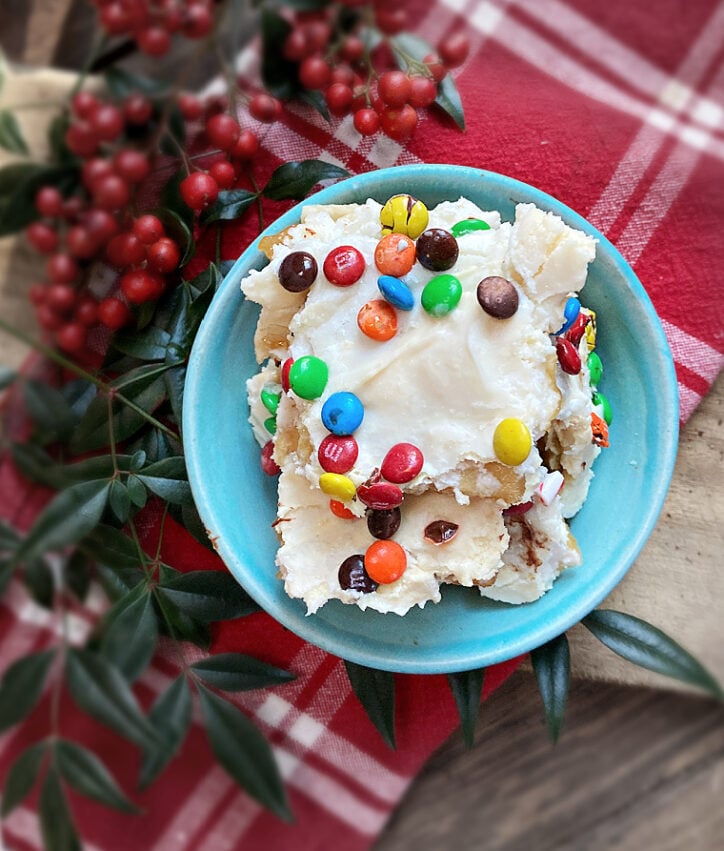 White Chocolate Saltine Toffee with M&Ms in a bowl