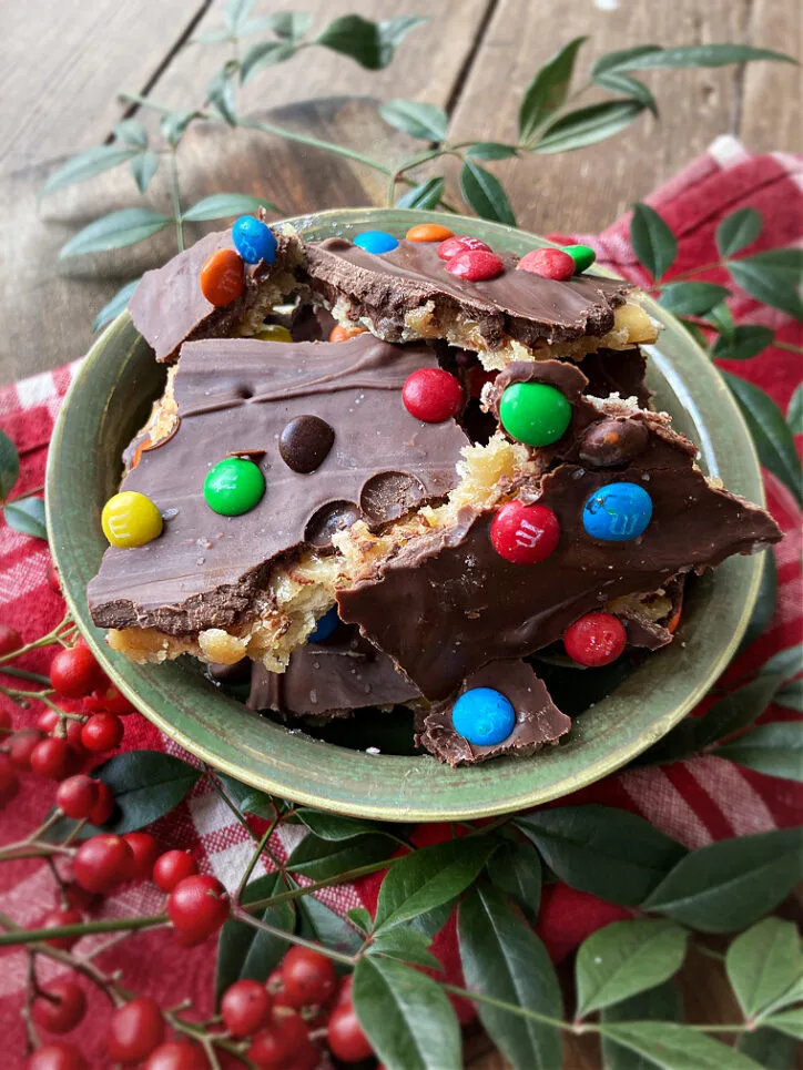 bowl of chocolate saltine toffee with m&ms