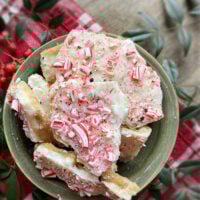 white chocolate saltine toffee in a green bowl