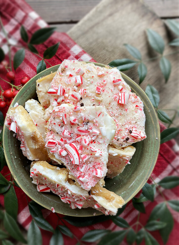 White chocolate saltine toffee with peppermints