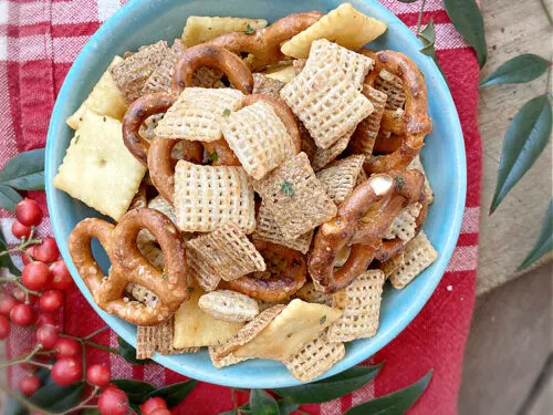 bowl of buffalo chex mix