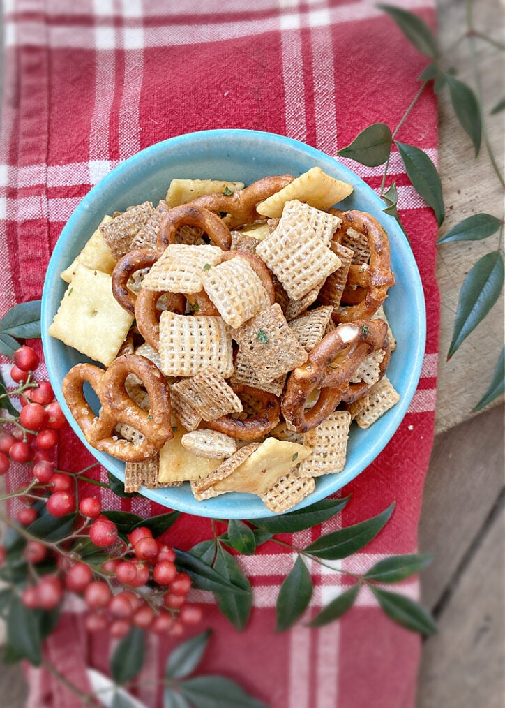 bowl of buffalo chex mix