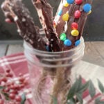 chocolate pretzel rods with m&ms