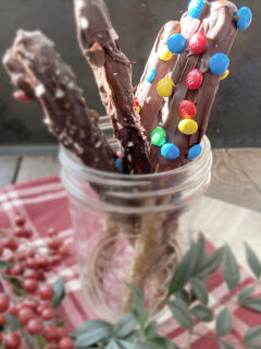 chocolate pretzel rods with m&ms