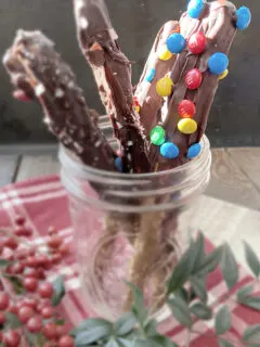 chocolate pretzel rods with m&ms
