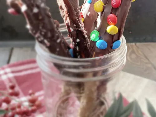 chocolate pretzel rods with m&ms