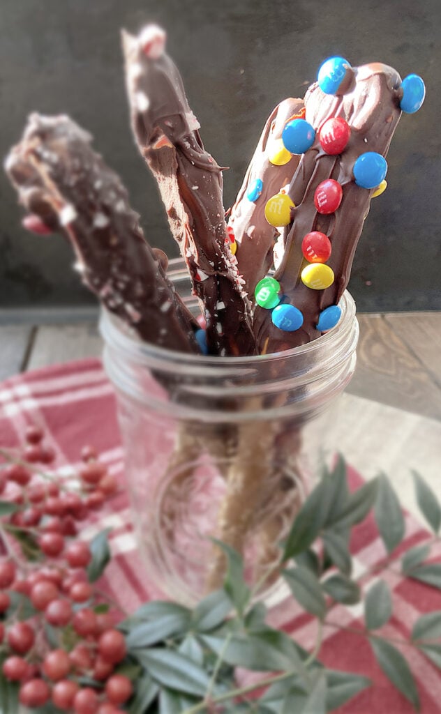 chocolate pretzel rods with m&ms