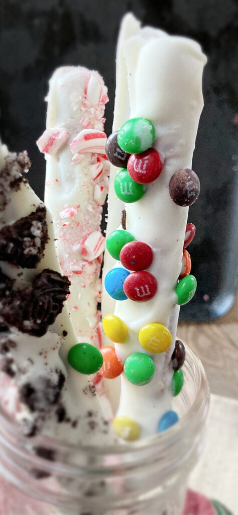 white chocolate rod pretzels with m&ms