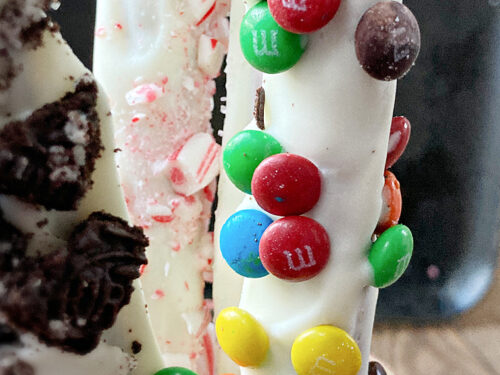 White Chocolate Rod Pretzels with M&Ms
