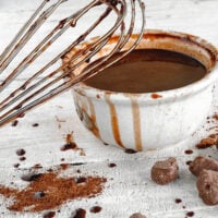 bowl of thick hot fudge sauce and whisk