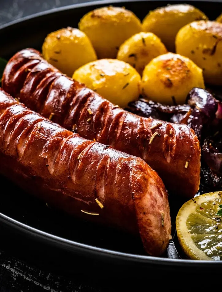 Bratwurst baked in a pan