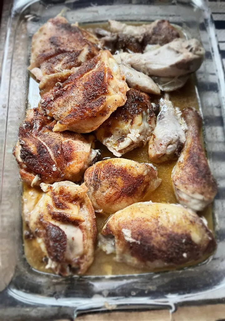 glass pan of easy chicken and gravy