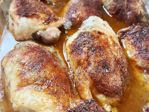 Easy chicken and gravy in white pan