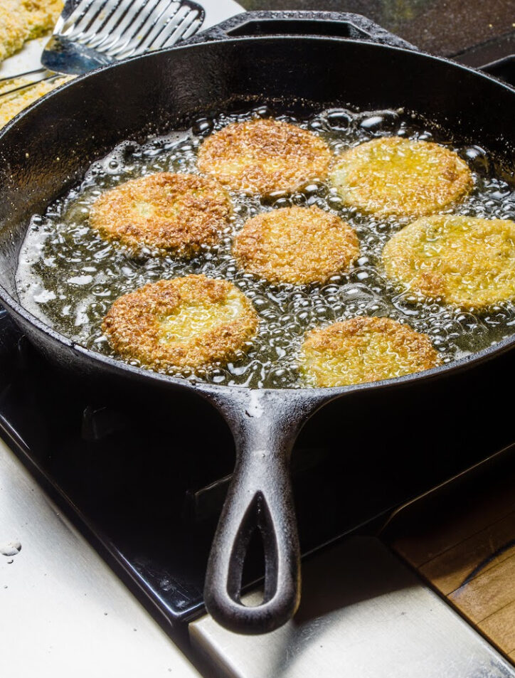 Easy Fried Green Tomatoes in frying pan