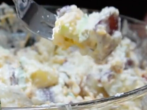 steakhouse potato salad on a fork