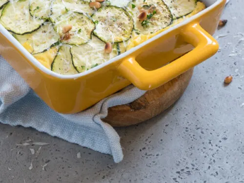 Yellow dish of squash casserole