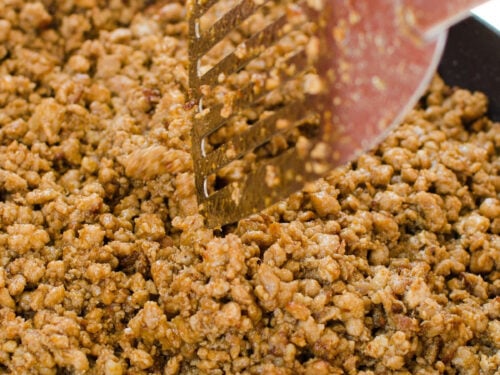 ground turkey meat in the frying pan.