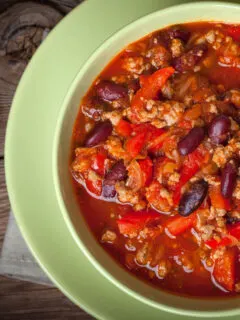 Best Sweet Amish Chili Soup Recipe (Country Dinner) in green bowl.