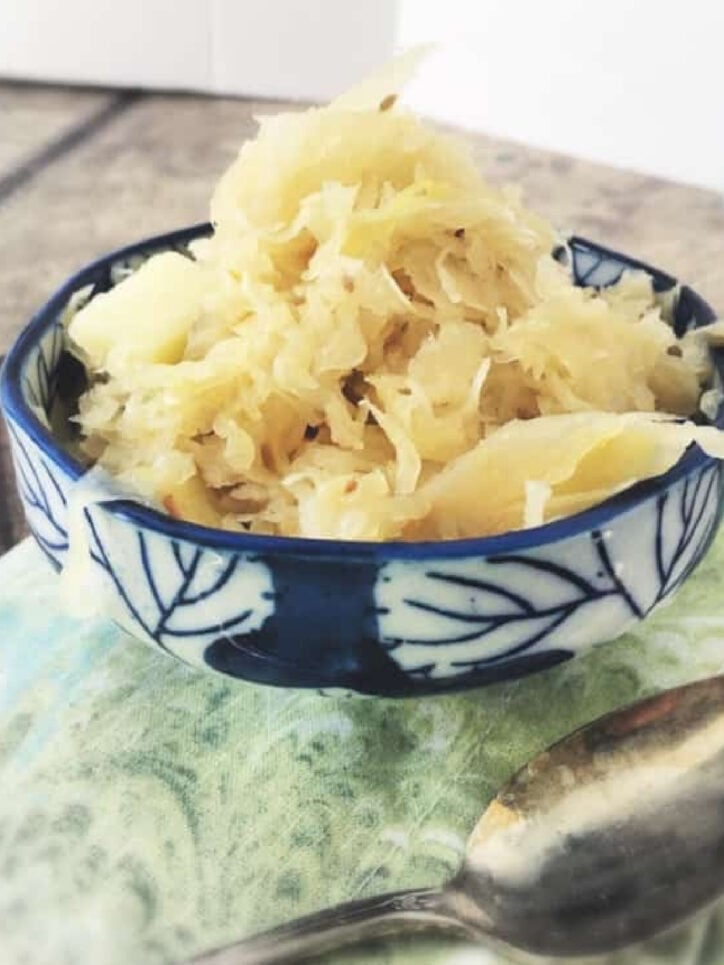 blue bowl of bag sauerkraut.