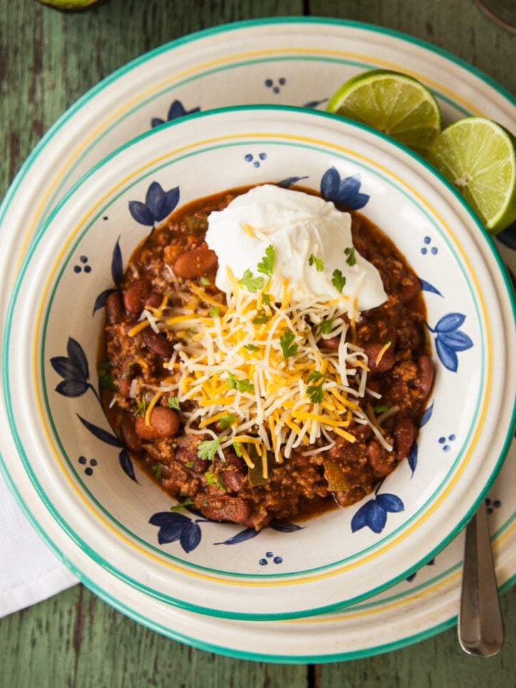 Chili in blue and white bowl.