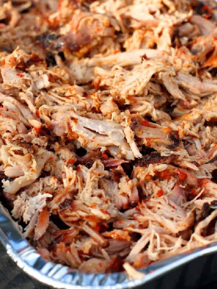 aluminum pan of pulled pork.