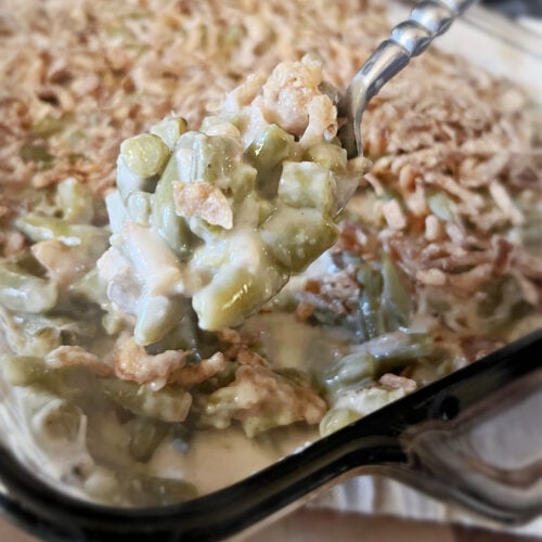 A spoonful of green bean casserole.