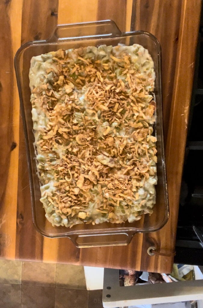 Green bean casserole in a pan